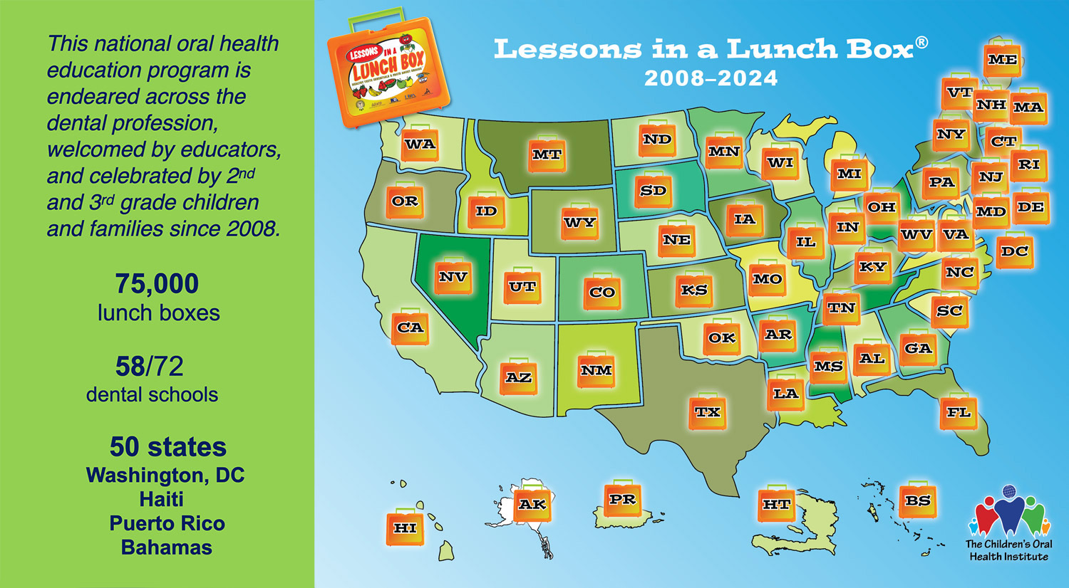 Lessons in a Lunch box 2008-2024: 75,000 lunch boxes, 58/72 dental schools, 50 states, DC, Haiti, Puerto Rico, Bahamas